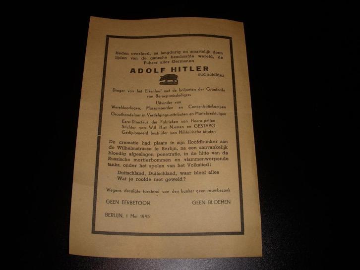Spotprent Tweede Wereldoorlog Adolf Hitler 1 mei 1945, Verzamelen, Militaria | Tweede Wereldoorlog, Overige soorten, Overige typen