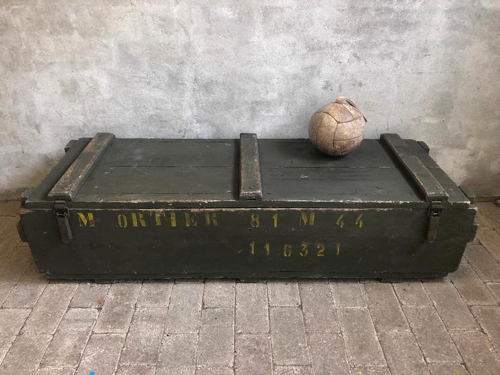 Grote lange houten legergroene legerkist | mortierkist 146cm, Huis en Inrichting, Woonaccessoires | Kisten, Gebruikt, Minder dan 50 cm