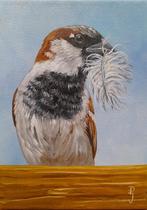 Schilderij mus 285 - eigen werk - origineel cadeau - mussen, Minder dan 50 cm, Oorspronkelijke maker, Nieuw, Ophalen of Verzenden