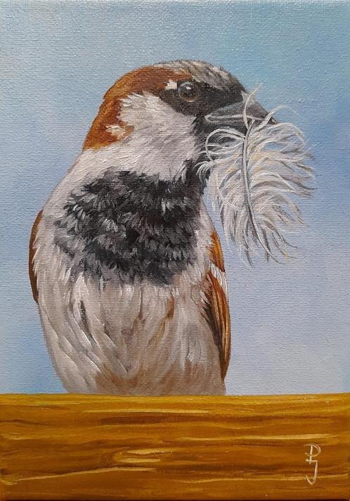 Schilderij mus 285 - eigen werk - origineel cadeau - mussen, Huis en Inrichting, Woonaccessoires | Schilderijen, Tekeningen en Foto's