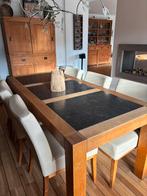 Massief eiken eettafel met leistenen bladen, Ophalen, Gebruikt, Eikenhout, 200 cm of meer