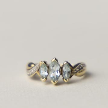 vintage 9 karaat gouden ring marquise aquamarijn en diamant beschikbaar voor biedingen