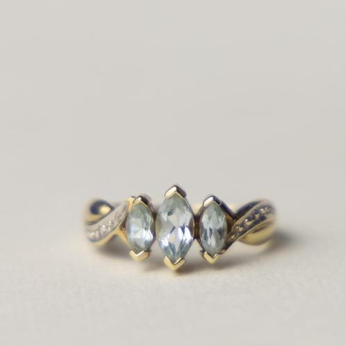vintage 9 karaat gouden ring marquise aquamarijn en diamant, Sieraden, Tassen en Uiterlijk, Ringen, Zo goed als nieuw, Dame, 18 tot 19