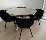 Houten salon- en eettafel met glasplaat, Ophalen of Verzenden, Zo goed als nieuw, Rond, 100 tot 150 cm