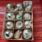 Oude glazen zilveren kerstballen met ornamenten, set 12, Ophalen of Verzenden, Gebruikt