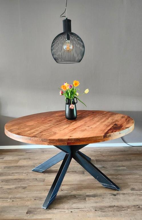 Eettafel rond, mangohout, Huis en Inrichting, Tafels | Eettafels, Gebruikt, 100 tot 150 cm, 100 tot 150 cm, Rond, Ophalen