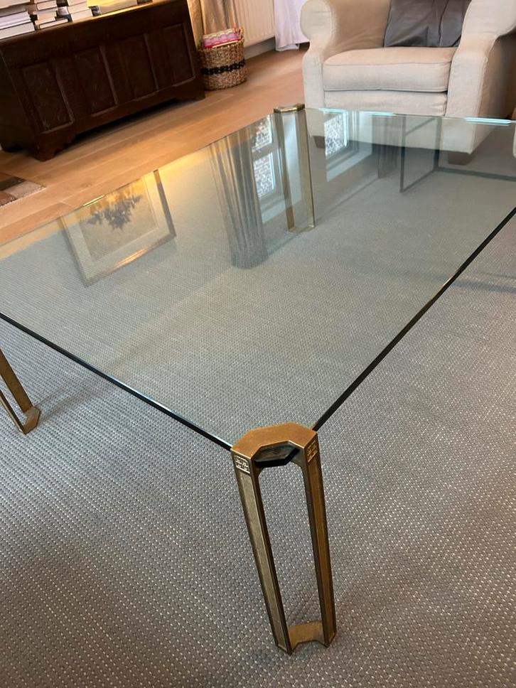 Ghyczy  glazen tafel met messing poten, Huis en Inrichting, Tafels | Salontafels, Gebruikt, 75 cm of meer, 50 tot 100 cm, 100 tot 150 cm