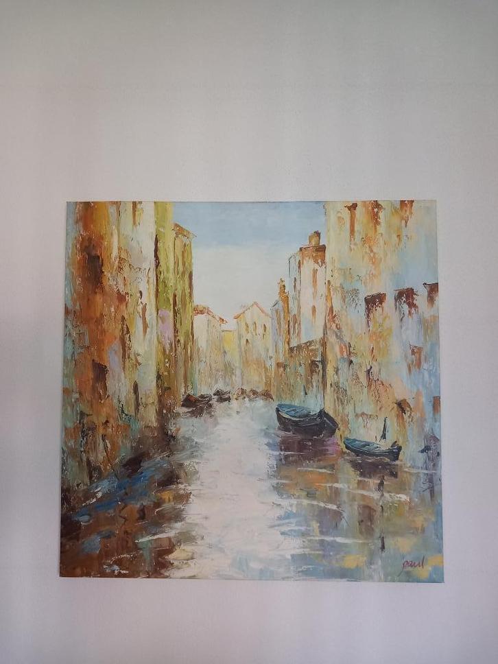 Schilderij/kanaal met bootjes., Antiek en Kunst, Kunst | Schilderijen | Modern, Ophalen