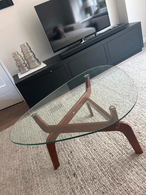 Salontafel ovaal kwantum glas & hout, Huis en Inrichting, Tafels | Salontafels, Zo goed als nieuw, Minder dan 50 cm, 50 tot 100 cm