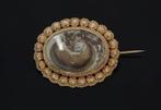 Antieke 14k gouden fraaie memorie broche rouw haarwerkje, Sieraden, Tassen en Uiterlijk, Antieke sieraden, Goud, Met edelsteen