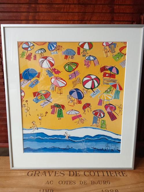 Zeefdruk 'plage' Michel Paut signatuur, 1991., Antiek en Kunst, Kunst | Litho's en Zeefdrukken, Ophalen of Verzenden