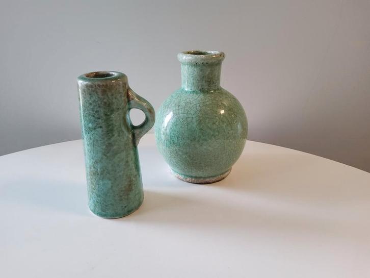 Vaasje en kandelaar. Craquelé in jade groen. O.a.BRYNXZ., Huis en Inrichting, Woonaccessoires | Vazen, Zo goed als nieuw, Groen