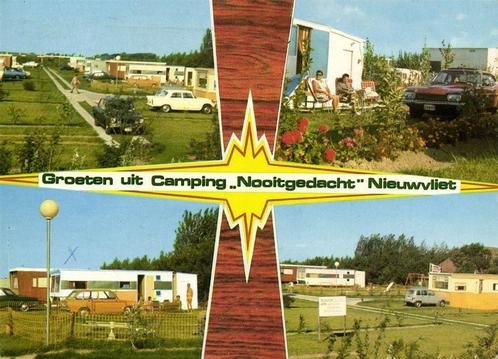 Groeten uit Camping Nooitgedacht Nieuwvliet - 4 afb - 1975 g, Verzamelen, Ansichtkaarten | Nederland, Gelopen, 1960 tot 1980, Ophalen of Verzenden
