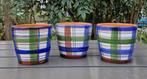 Drie vintage leuk gedecoreerde keramiek bloempotten, Tuin en Terras, Bloempotten, Ophalen, Rond, Zo goed als nieuw, Aardewerk
