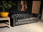 Chesterfield Bank Zwart generfd Leer 2.40 breed, Gebruikt, Stoer Industrieel, Leer, Ophalen of Verzenden