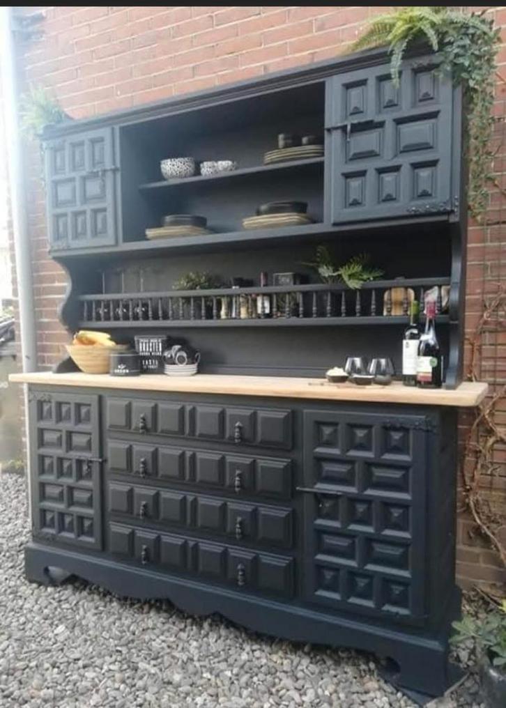 Prachtige spaans vintage designer buffetkast zwart, Huis en Inrichting, Kasten | Buffetkasten, Zo goed als nieuw, 200 cm of meer