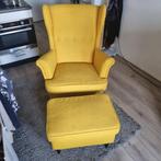 Gele fauteuil + voetenbank, Huis en Inrichting, Fauteuils, Minder dan 75 cm, Stof, Zo goed als nieuw, 50 tot 75 cm