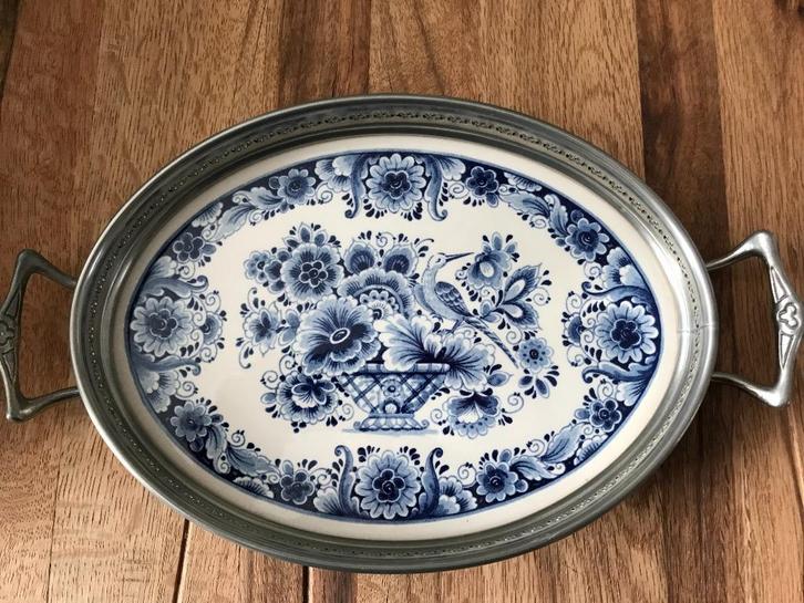 delfstblauw dienblad tinnen rand, Huis en Inrichting, Woonaccessoires | Dienbladen, Zo goed als nieuw, Overige materialen, Ovaal