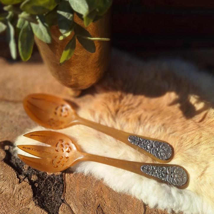 Vintage slabestek set met 'Djokja' zilveren details, Antiek en Kunst, Antiek | Bestek, Ophalen of Verzenden