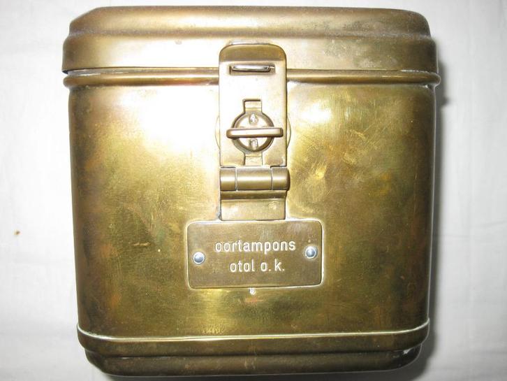 Antiek Koper Kistje Met De Tekst Oortampons O.K., Antiek en Kunst, Curiosa en Brocante, Verzenden