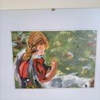 Schilderij 'Meisje in bloemenveld', kunst, interieur., Antiek en Kunst, Kunst | Schilderijen | Klassiek, Ophalen of Verzenden