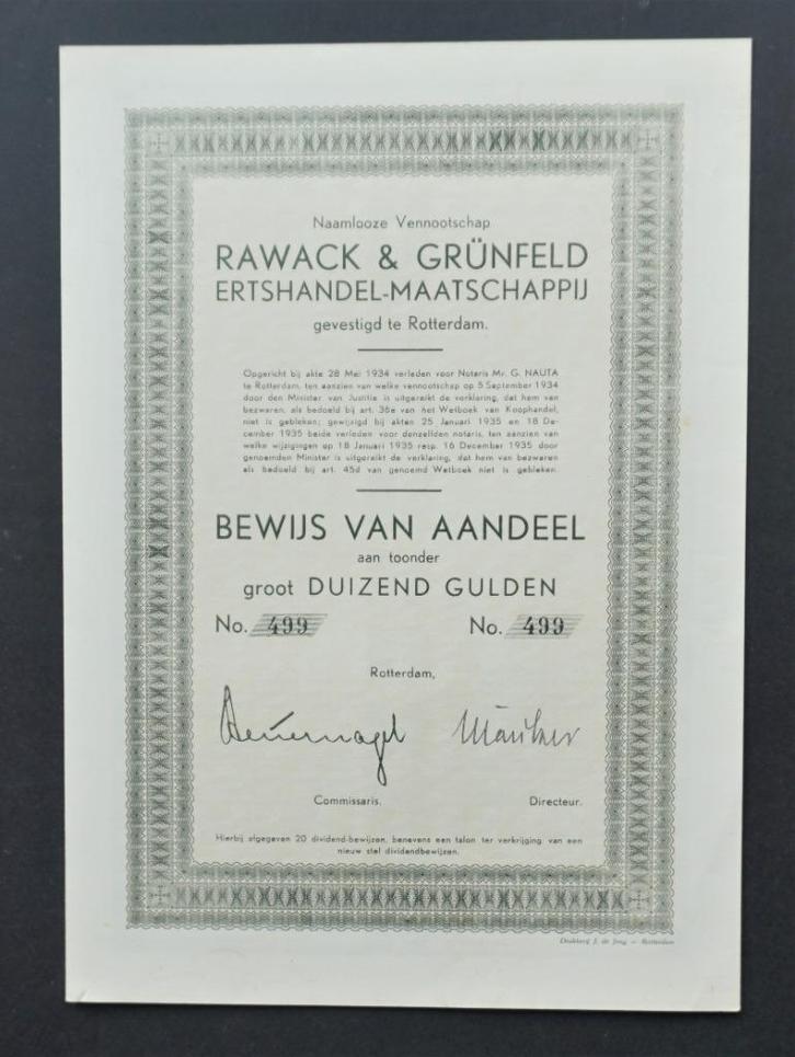 Rawack & Grünfeld Ertshandel Maatschappij - Rotterdam 1935, Postzegels en Munten, Aandelen en Waardepapieren, Aandeel, 1920 tot 1950