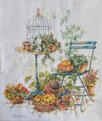 Borduurwerk, zijde, tuin, bloem, pompoen, zitje, vintage, Hobby en Vrije tijd, Borduren en Borduurmachines, Ophalen, Gebruikt