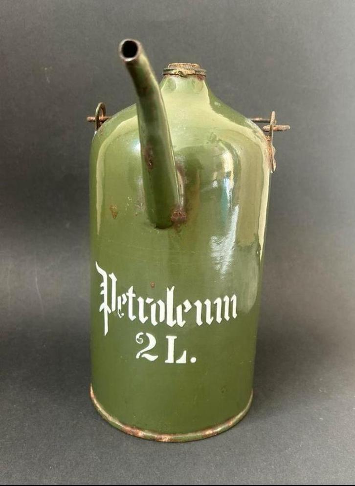 Donker Groen Emaille 2L Petroleum Kan, Antiek en Kunst, Antiek | Emaille, Ophalen of Verzenden