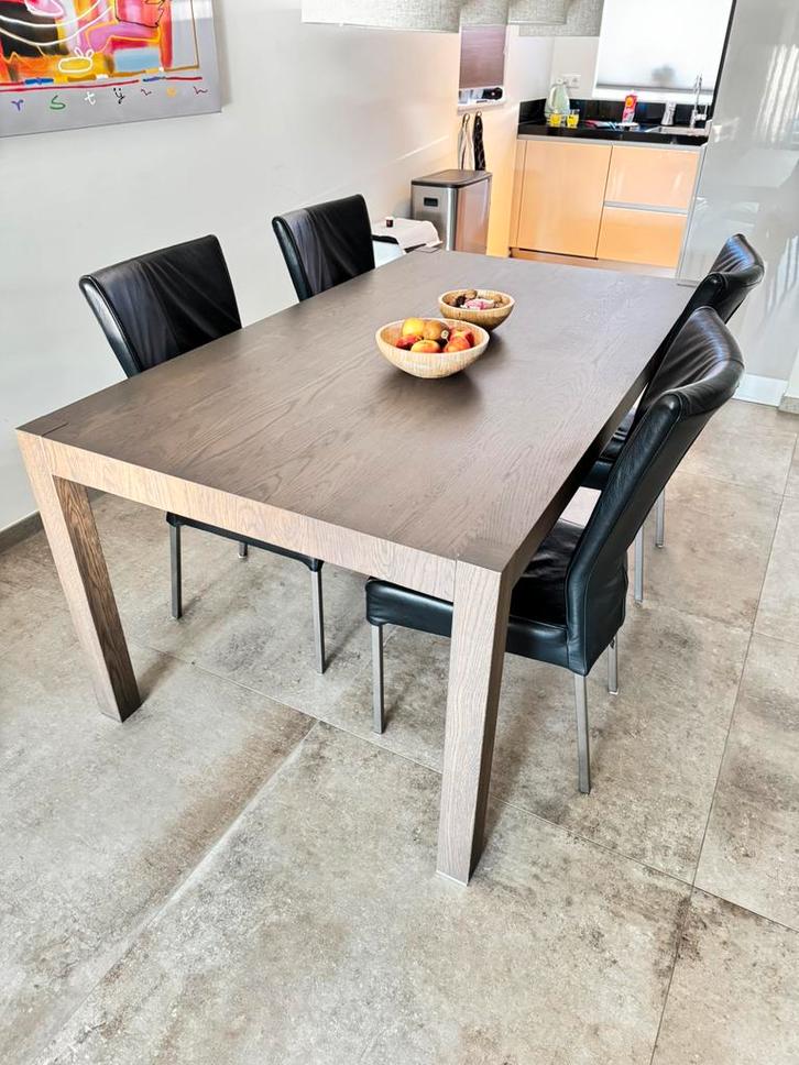 Eiken eetkamertafel met lederen stoelen, Antiek en Kunst, Antiek | Meubels | Tafels, Ophalen