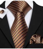 100% zijden stropdas pochet manchetknopen Goud streep NIEUW, Kleding | Heren, Stropdassen, Nieuw, Met patroon, Ophalen of Verzenden