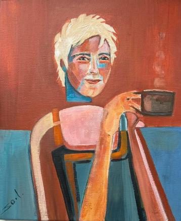 Schilderijtje titel “Blond “- kleurrijk modern Portret beschikbaar voor biedingen