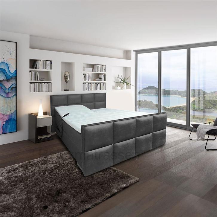 Boxspring Londen Elektrisch, Huis en Inrichting, Slaapkamer | Bedden, Nieuw, Tweepersoons, 140 cm, Hout, Grijs, Ophalen of Verzenden