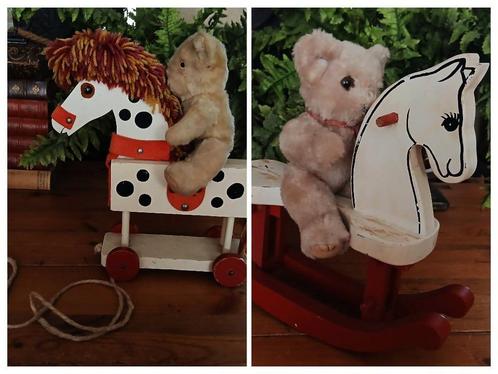 Brocant retro hobbelpaardje trekpaardje hout met beertje, Antiek en Kunst, Curiosa en Brocante, Ophalen of Verzenden