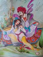 Oosters groot schilderij op leer. Brede houten lijst., Ophalen