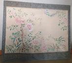 Antiek/vintage Doek Bloemen & Vogels in Koperen Kader, Ophalen of Verzenden