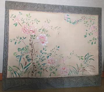 Antiek/vintage Doek Bloemen & Vogels in Koperen Kader beschikbaar voor biedingen