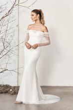 Sincerity trouwjurk off shoulder met mouwen maat 36, Ophalen of Verzenden, Zo goed als nieuw, Wit, Trouwjurk