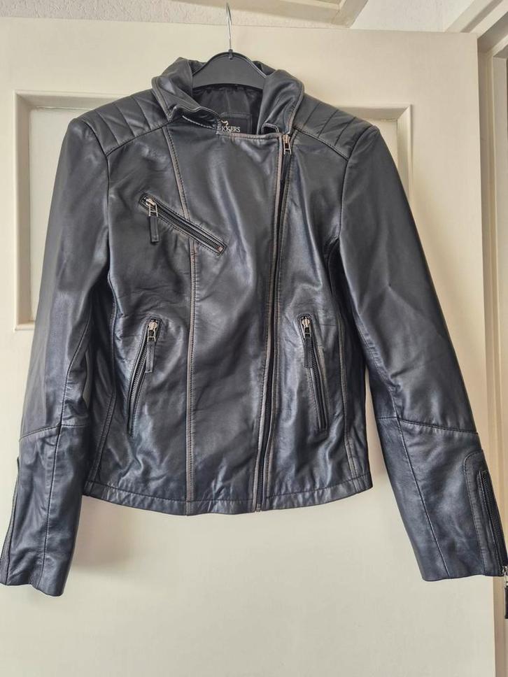 Stoer leren jack van Dekkers Ledermode mt 42, Kleding | Dames, Jassen | Zomer, Zo goed als nieuw, Maat 42/44 (L), Zwart, Ophalen of Verzenden