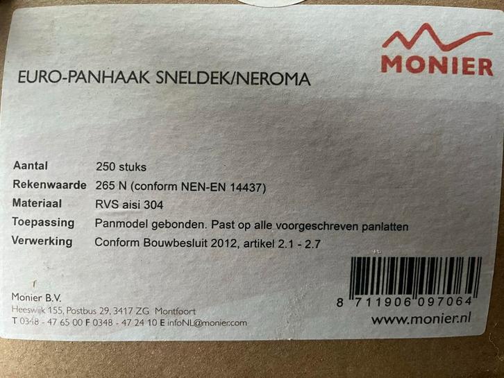 Monier Panhaak Sneldek/Neroma - 250 stuks, Doe-het-zelf en Verbouw, Dakpannen en Dakbedekking, Nieuw, Overige typen, Metaal, Grijs
