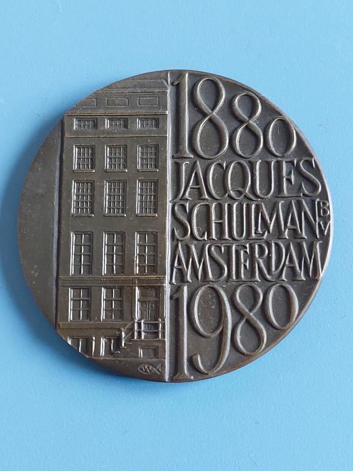 Penning 100 jarig bestaan jacques schulman 1980, Postzegels en Munten, Penningen en Medailles, Brons, Nederland, Ophalen of Verzenden