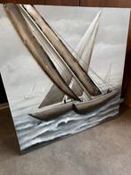 Schilderij olie op doek in reliëf met hout boten, Ophalen of Verzenden