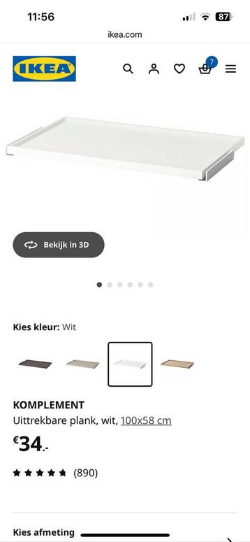NIEUW! Ikea komplement uittrekbare plank wit 100x58 Pax kast beschikbaar voor biedingen