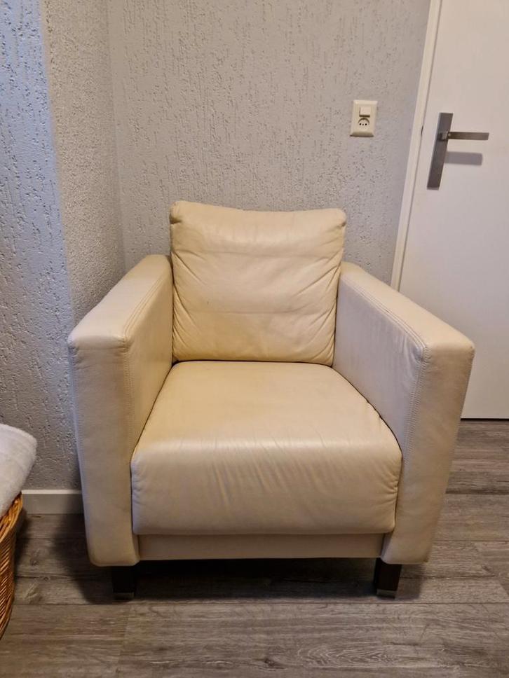 2 Crème Montel Fauteuils van Leer - Gebruikt, Huis en Inrichting, Fauteuils, Gebruikt, Leer, 75 tot 100 cm, 75 tot 100 cm, Ophalen