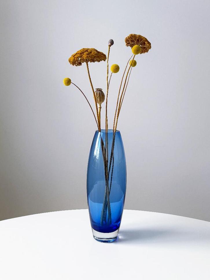 Vintage XL vaas glas design Scandinavisch, Huis en Inrichting, Woonaccessoires | Vazen, Gebruikt, Blauw, Minder dan 50 cm, Glas