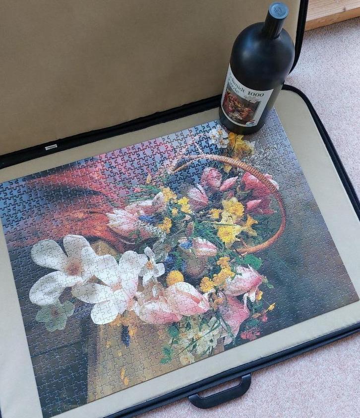 Flespuzzel bloemenkorf - mooie puzzel in fles - 1000 stukjes, Hobby en Vrije tijd, Denksport en Puzzels, Gebruikt, Legpuzzel, 500 t/m 1500 stukjes