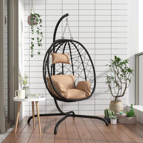 Hangstoel met kussen poly rattan en staal taupe, Tuin en Terras, Tuinmeubel-accessoires, Nieuw, Verzenden