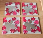Glazen onderzetters, wit met roze bloemen en spiegel, Ophalen of Verzenden, Gebruikt, Glas of Kopje