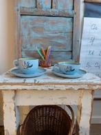 Pastelblauwe handbeschilderde kop en schotels van Regout, Ophalen of Verzenden