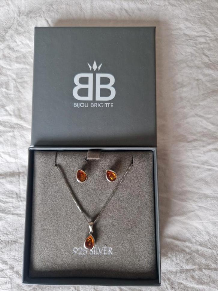 Bijou Brigitte Zilveren Set met Amber, Sieraden, Tassen en Uiterlijk, Kettingen, Zo goed als nieuw, Zilver, Bruin, Met edelsteen