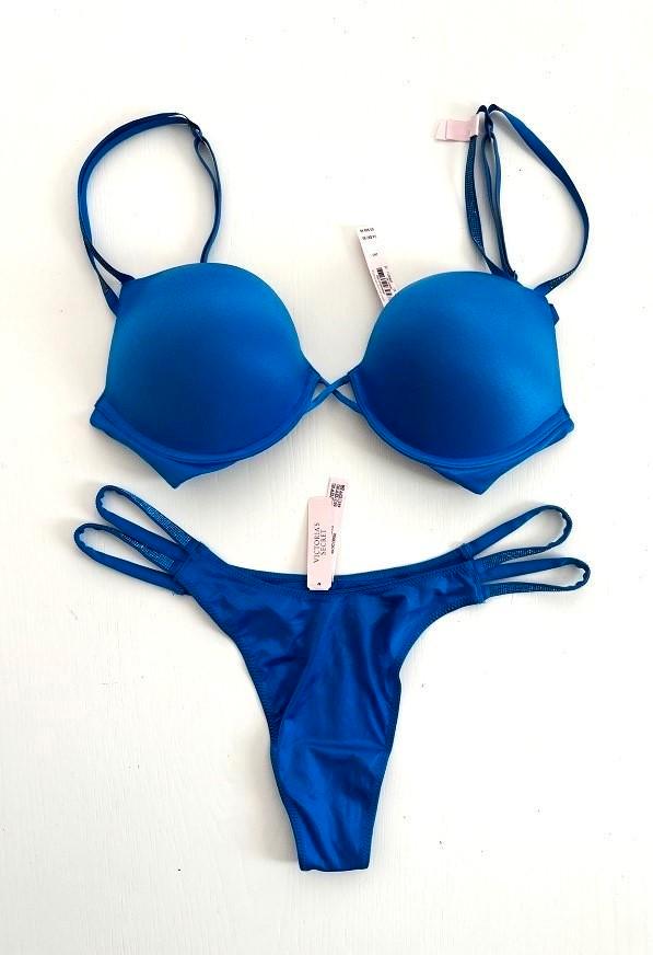 Victoria Secret Bombshell Shine Strap Push-Up BH 75C +string, Kleding | Dames, Ondergoed en Lingerie, Setje, Blauw, Verzenden
